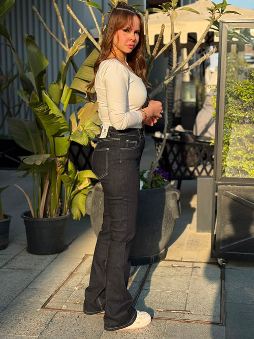 Dark Navy Contrast-Stitch Flared Jeans | EVO