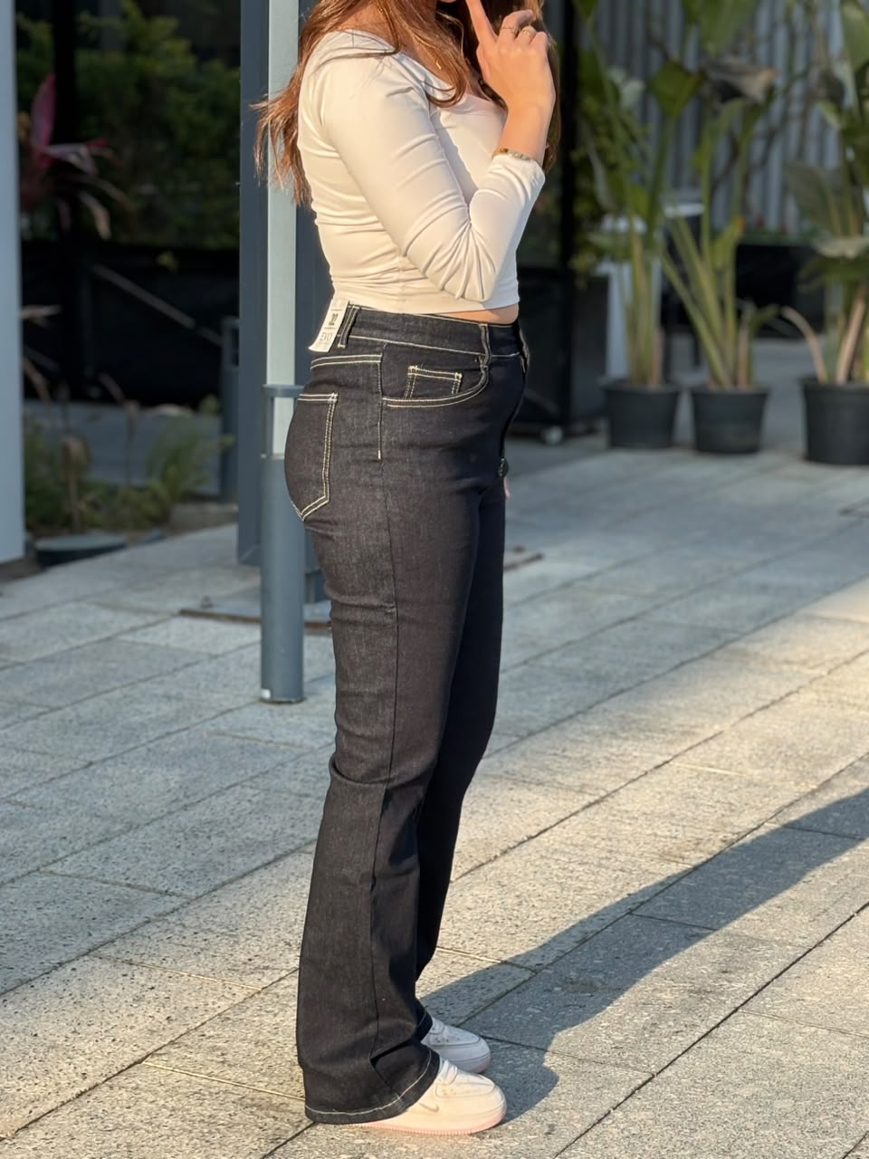 Dark Navy Contrast-Stitch Flared Jeans | EVO
