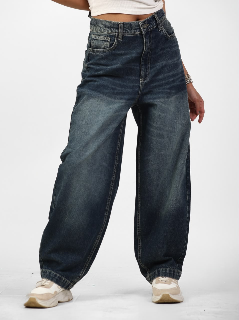 Dark-Wash Asymmetric-Waist Wide-Leg Jeans | EVO