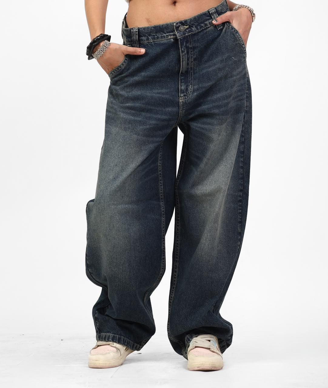 Dark-Wash Asymmetric-Waist Wide-Leg Jeans | EVO